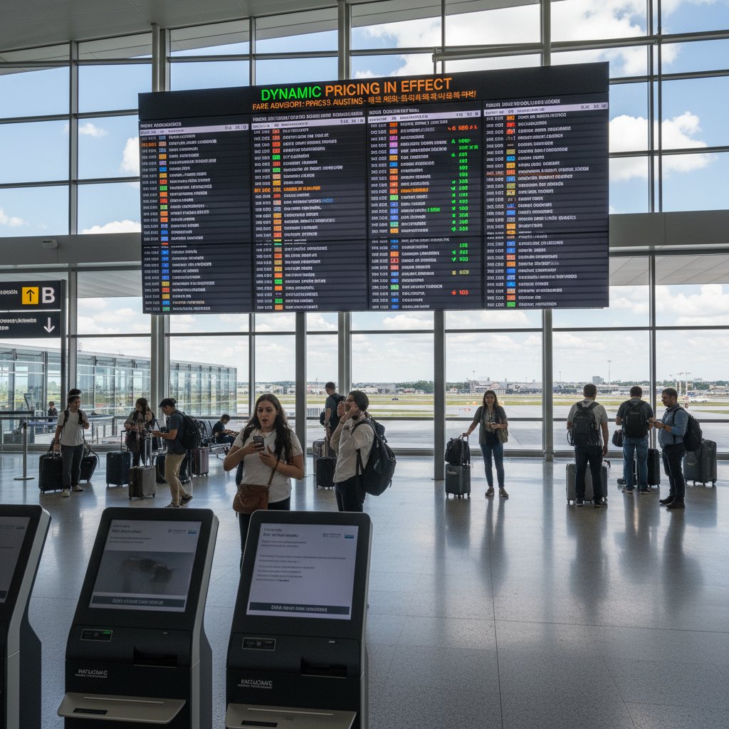 Tablica odlotów na lotnisku, dynamiczne ceny i zmiany terminów