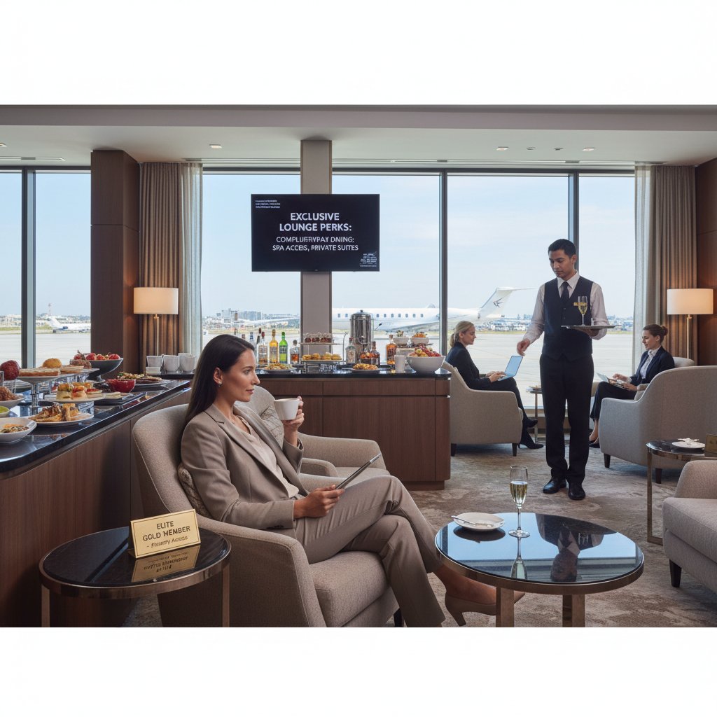 Traveler enjoying exclusive airport lounge, symbolizing airline loyalty perks