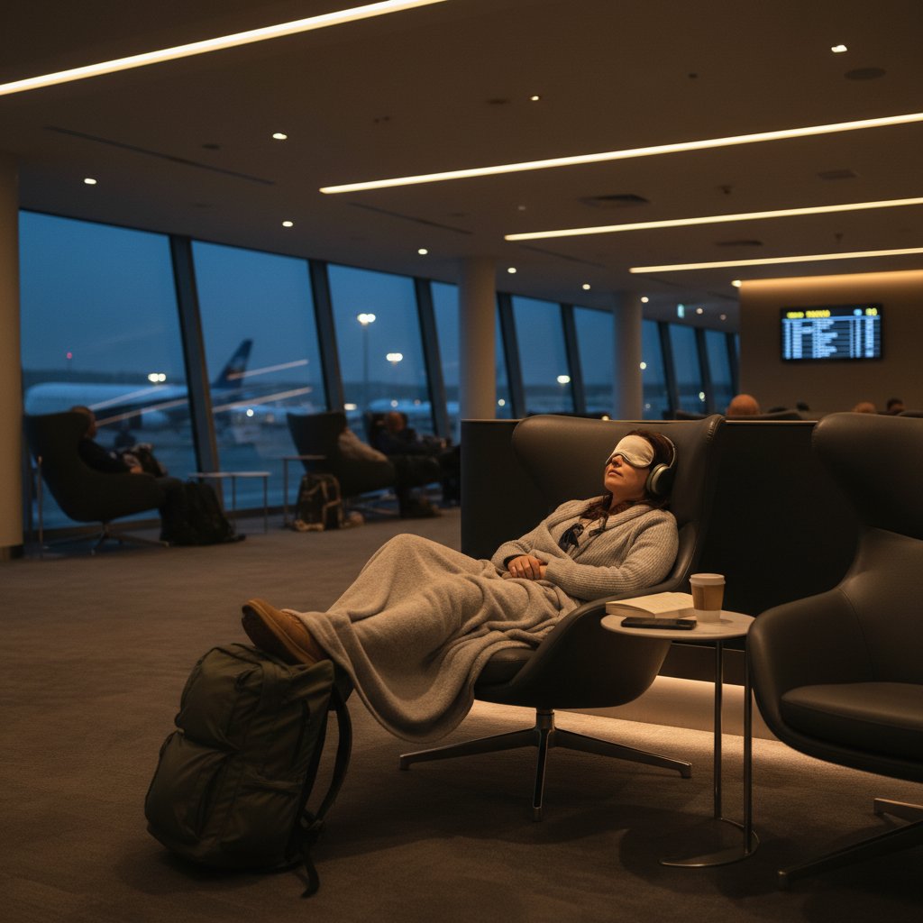 Podróżnik odpoczywający w lotniskowym lounge podczas nocnej przesiadki