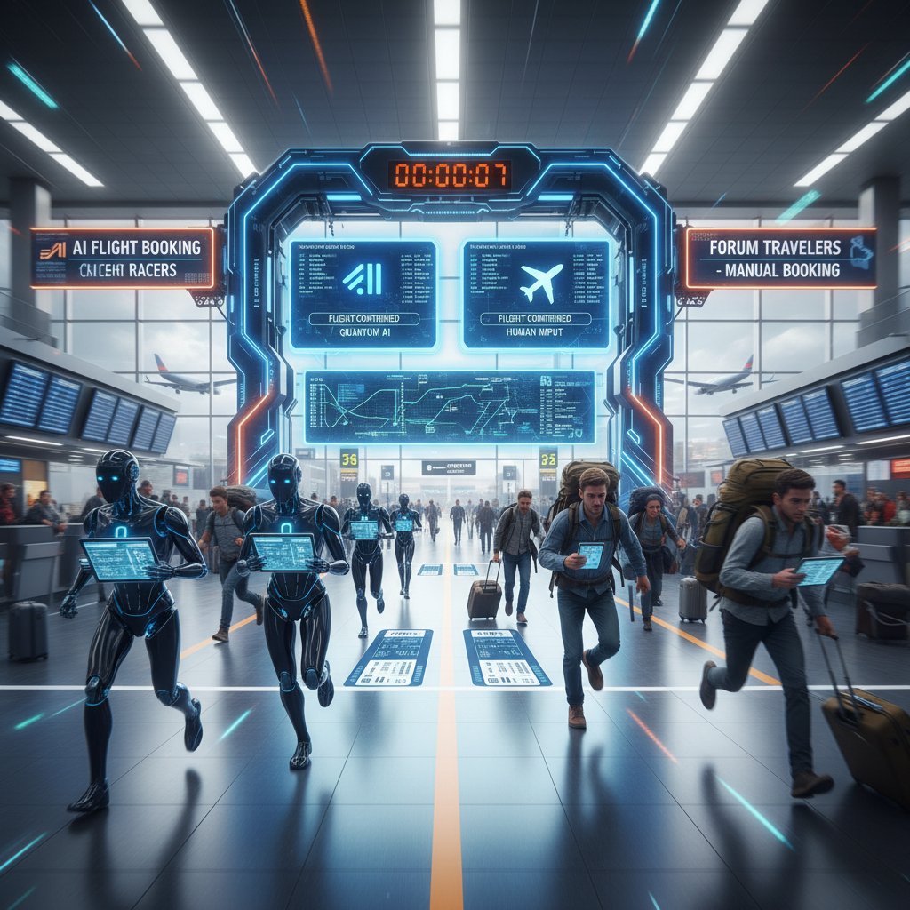 Infographic comparing AI and forum research for flight bookings in 2025, stylized as a photo of two runners racing through an airport