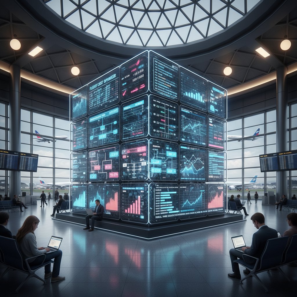 Airport context Rubik’s cube symbolizing airfare algorithms, digital overlays, flight cost tracking