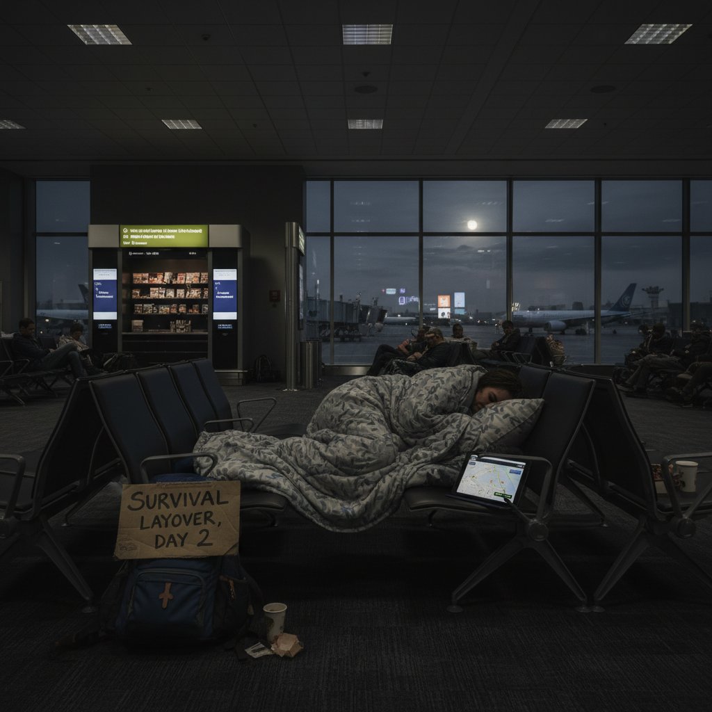 Zmęczony podróżnik śpiący na lotniskowej ławce pod kocem, słowa kluczowe: przetrwanie, noc, 24h przesiadka