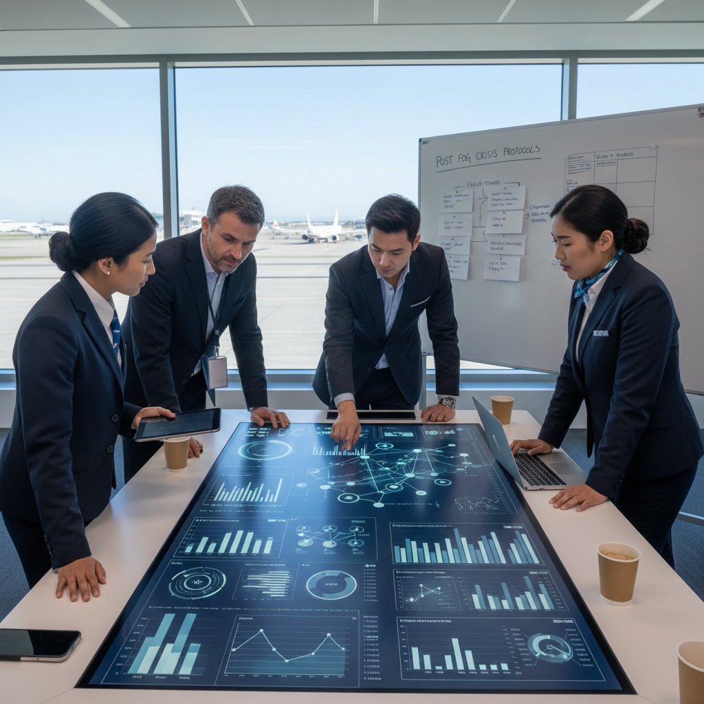Personel lotniska analizujący dane po kryzysie, szukając sposobów na usprawnienie procedur