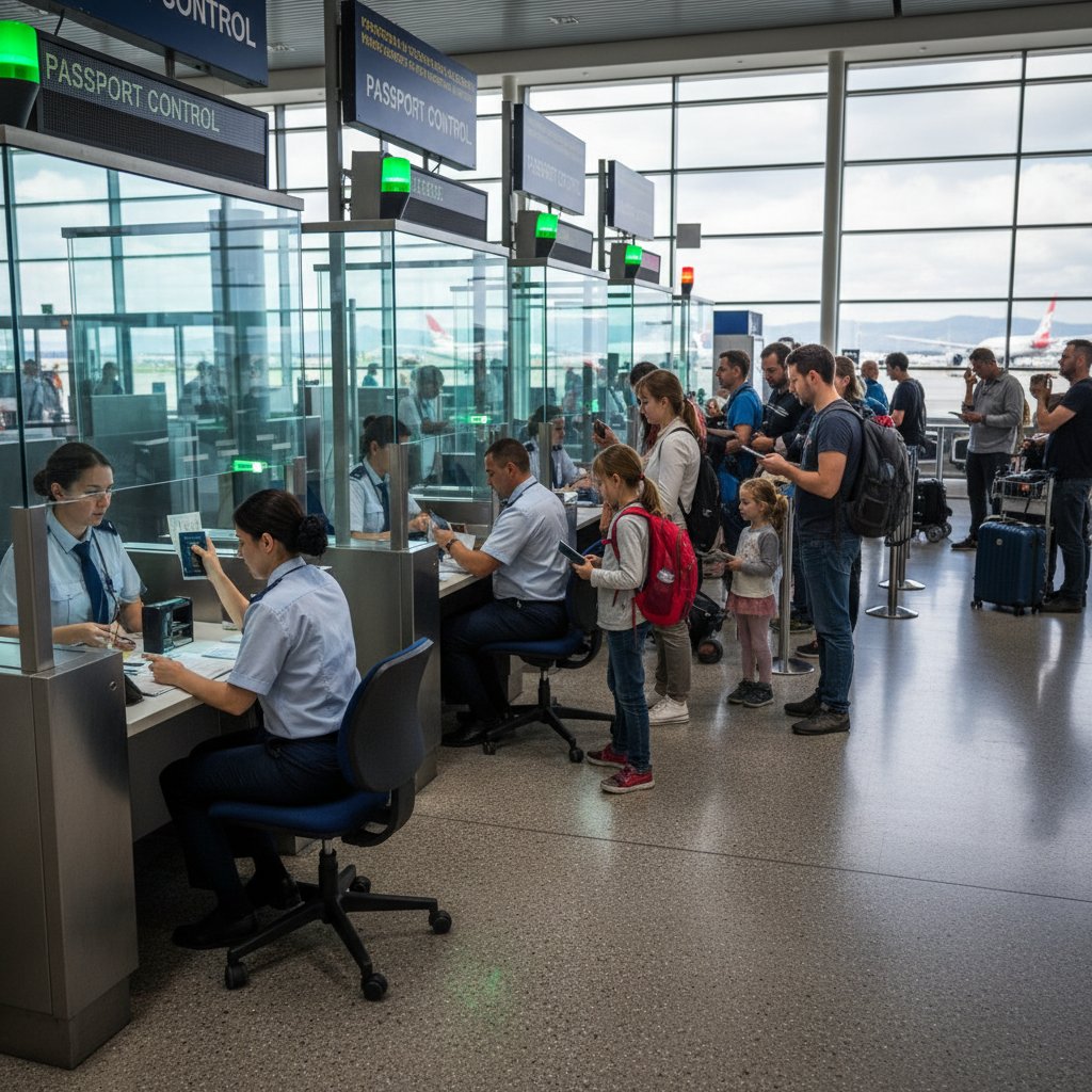 Pracownik lotniska sprawdzający dokumenty podróżnych przy kontroli paszportowej