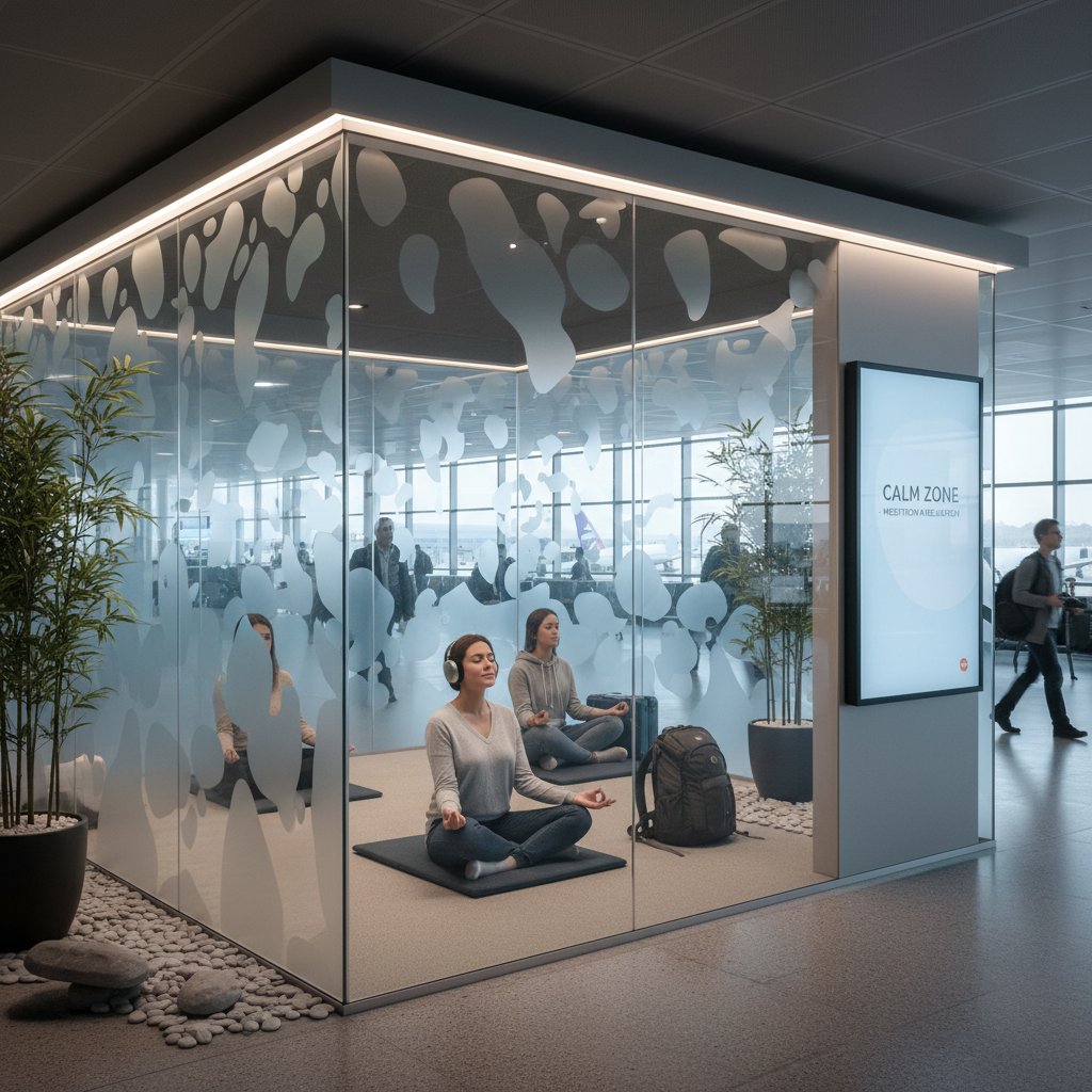 Podróżnik medytujący w spokojnej strefie lotniskowej, słowa kluczowe: przesiadka, regeneracja, mindfulness