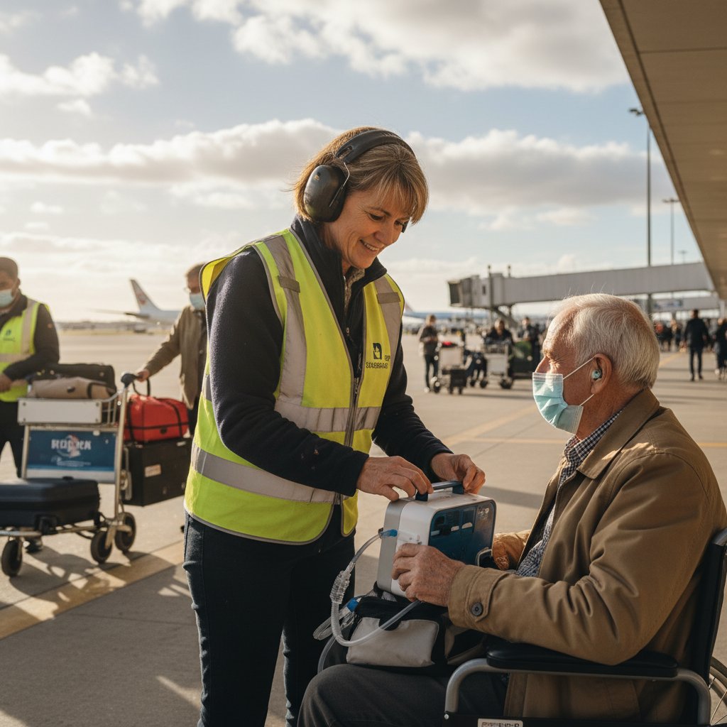 Pracownik lotniska sprawdzający koncentrator tlenu przy odprawie pasażera