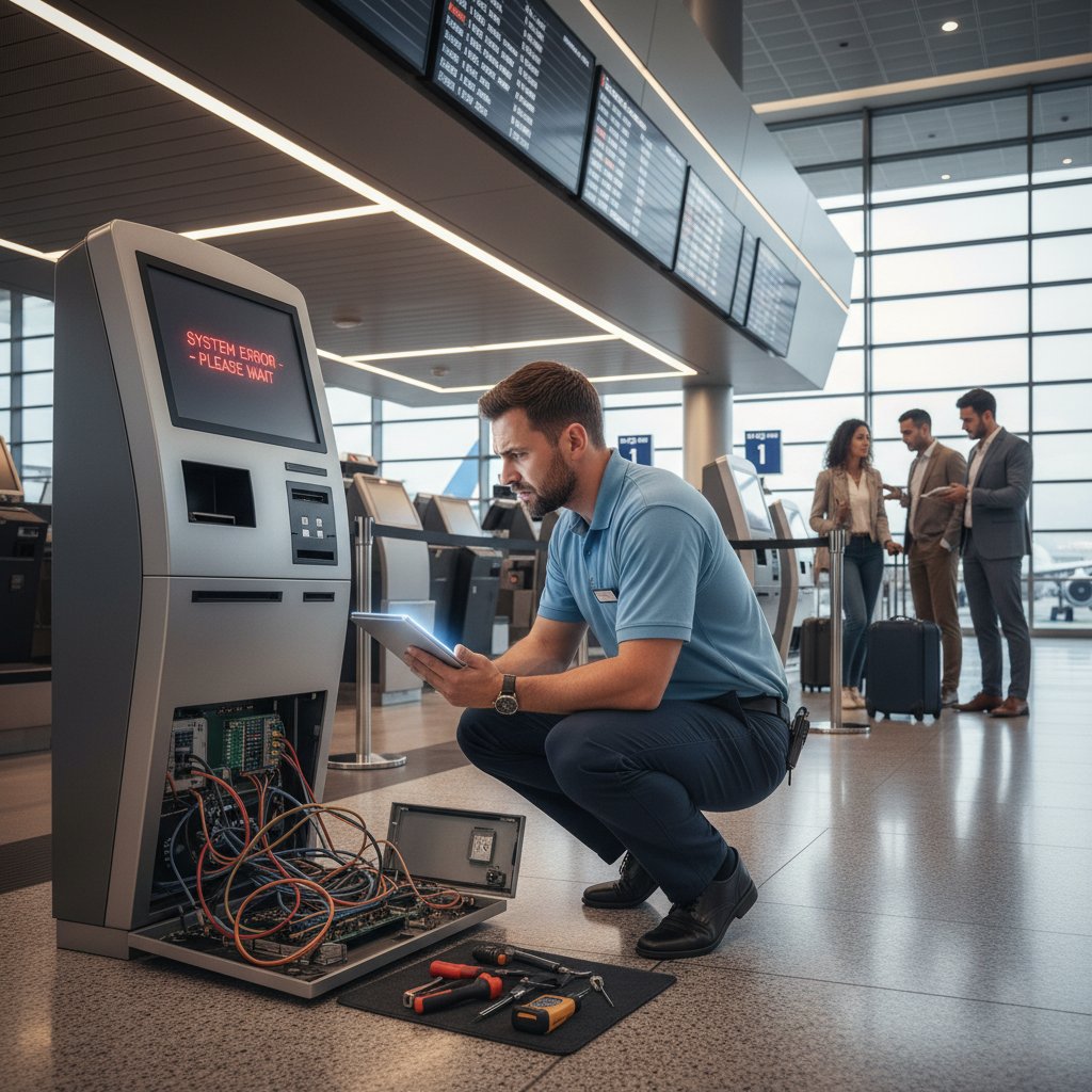 Pracownik lotniska naprawiający kiosk odprawowy, widoczne narzędzia i otwarty panel urządzenia