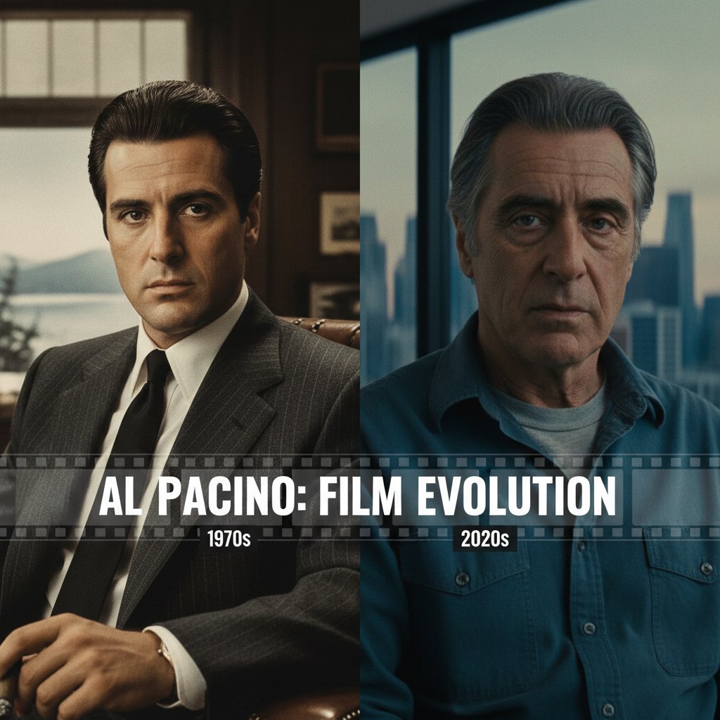 Montage of Al Pacino in iconic roles from the 1970s to 2020s, reflecting his film evolution
