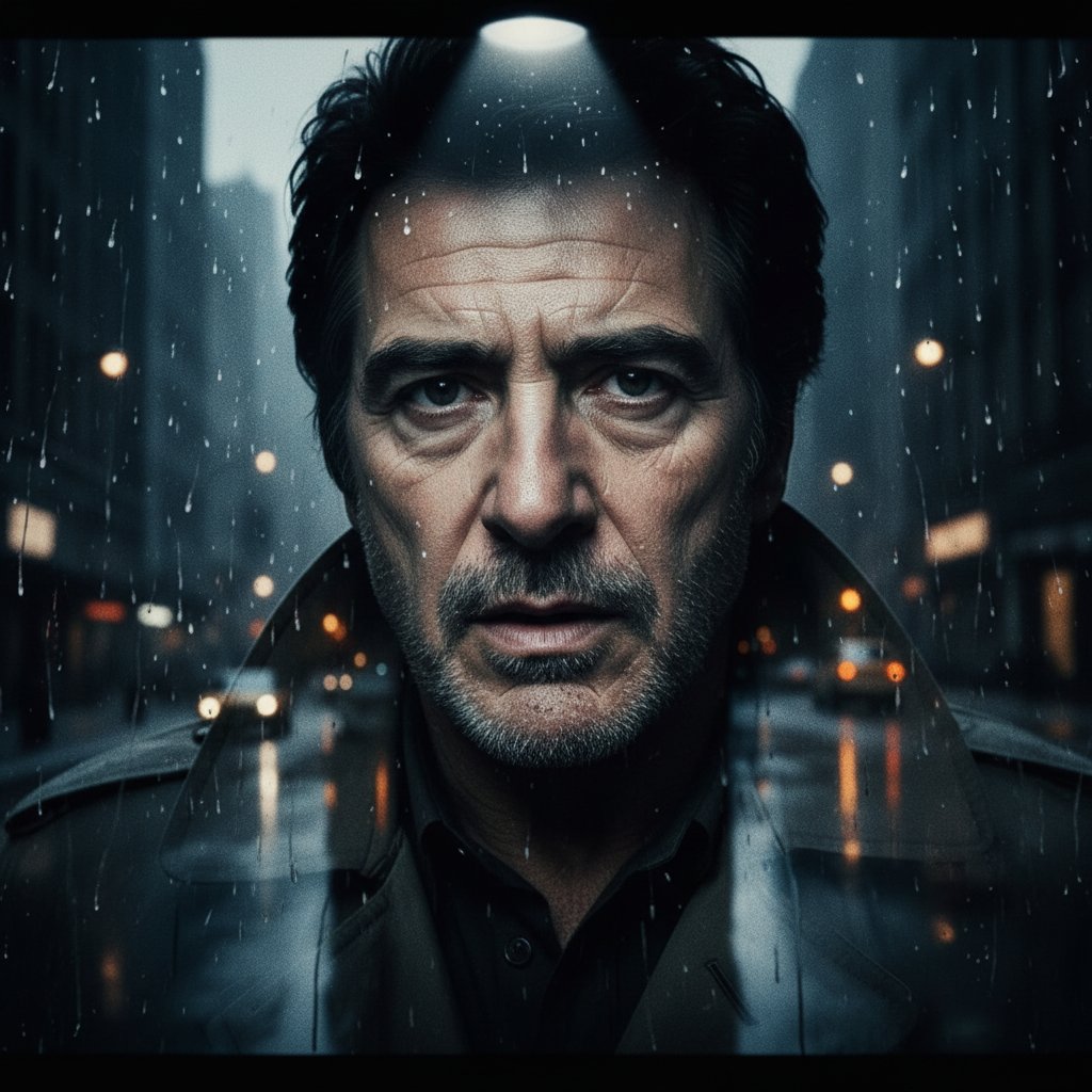 Al Pacino in an intense urban film scene, dramatic lighting and strong shadows