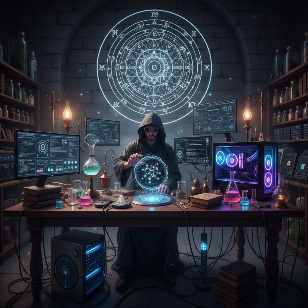 Starożytne laboratorium alchemiczne z nowoczesnymi komputerami i algorytmicznymi schematami na ścianach
