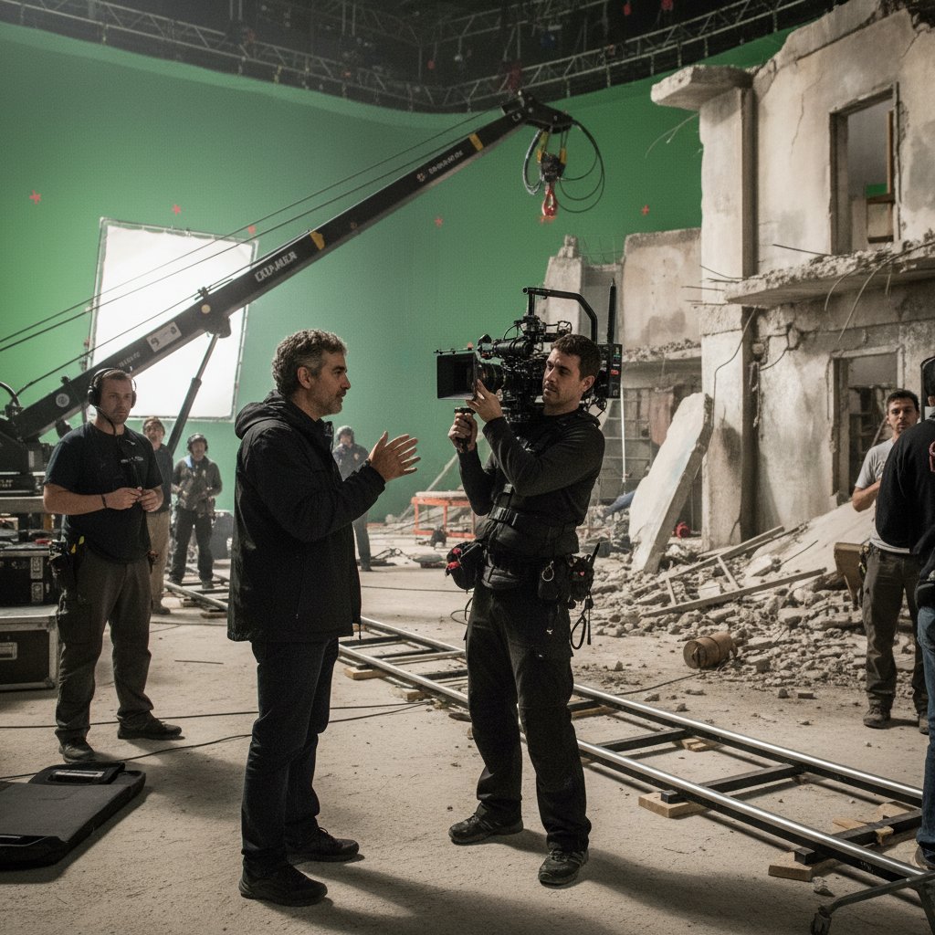 Alfonso Cuarón and cinematographer behind camera rig, prepping long take scene, set atmosphere