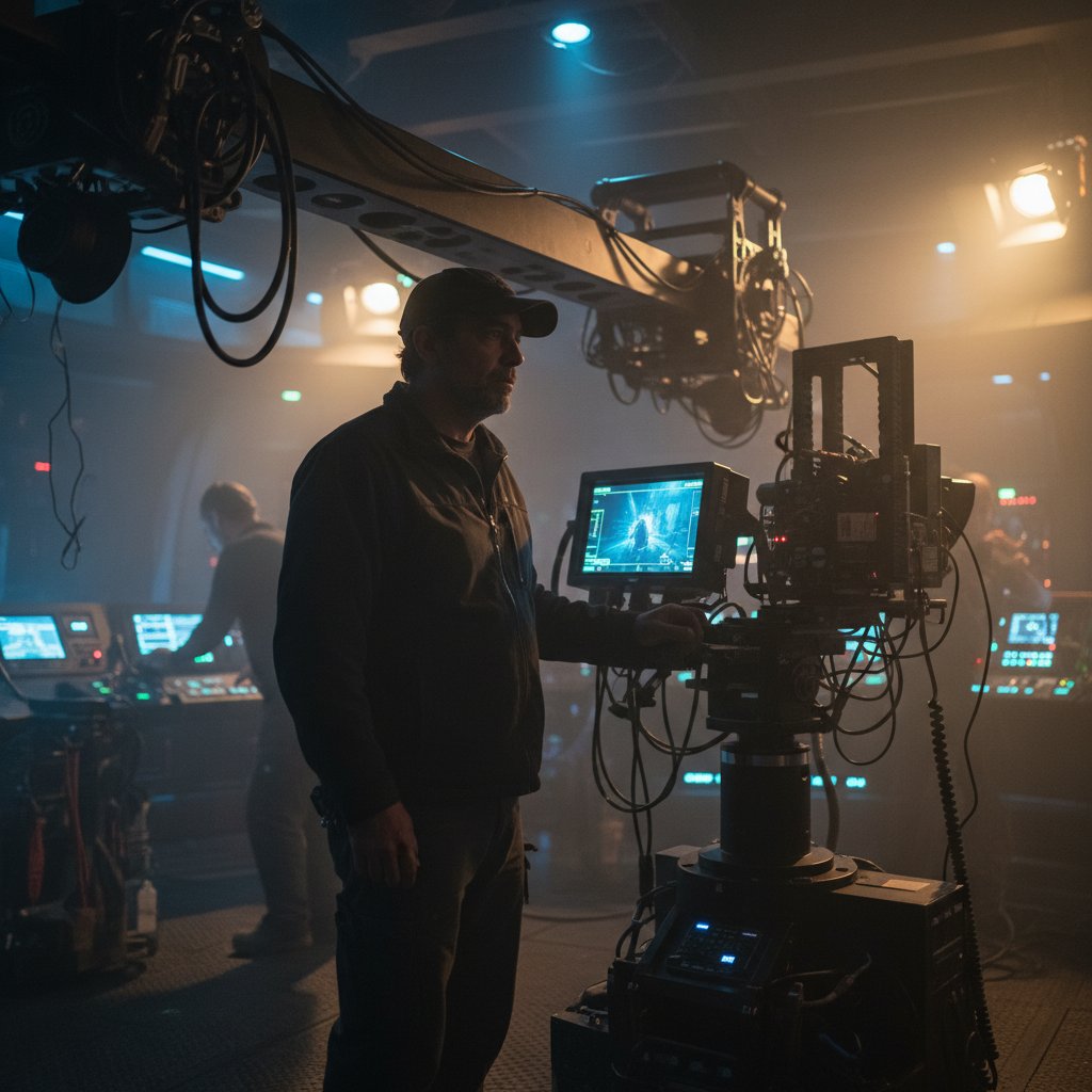 High-contrast cinematic portrait of Alfonso Cuarón on a movie set, director in action, film camera visible, dramatic lighting