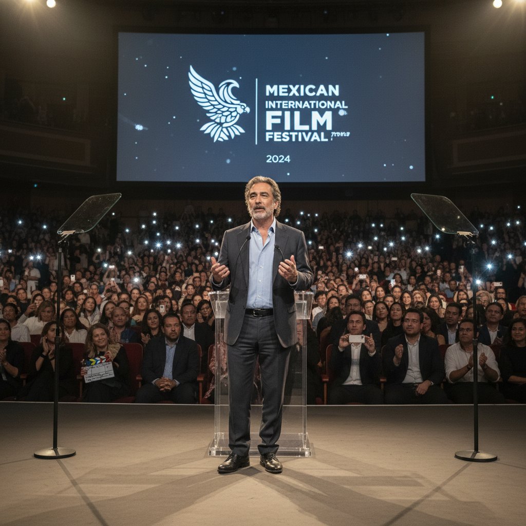 Alfonso Cuarón speaking at film festival, intense expression, audience in background, candid photo