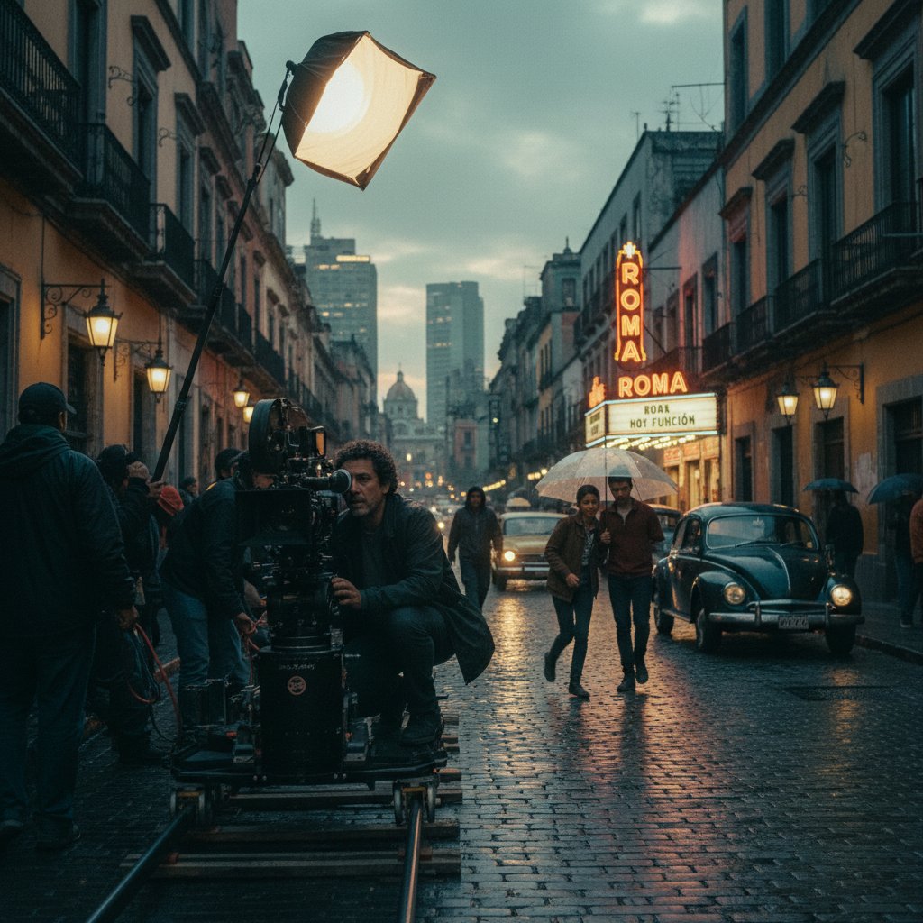 Alfonso Cuarón walking through bustling Mexico City street, vibrant urban life, cinematic atmosphere