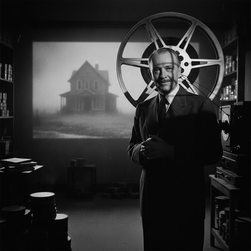 Alfred Hitchcock behind film reel, dramatic shadow