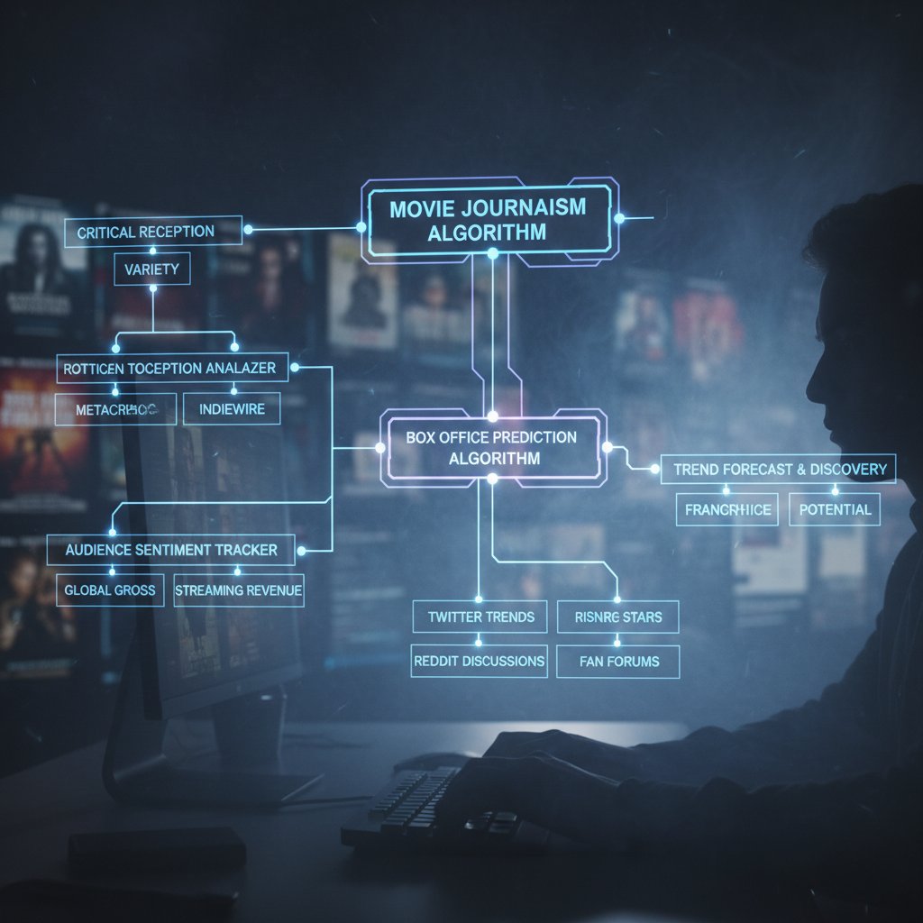 Stylized photo showing a digital flowchart overlayed on movie journalism headlines, symbolizing algorithmic sorting and recommendation