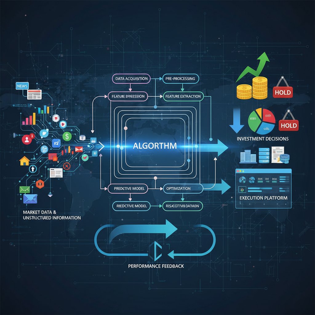 Schemat działania algorytmu inwestycyjnego, decyzje AI, cyfrowy przepływ danych