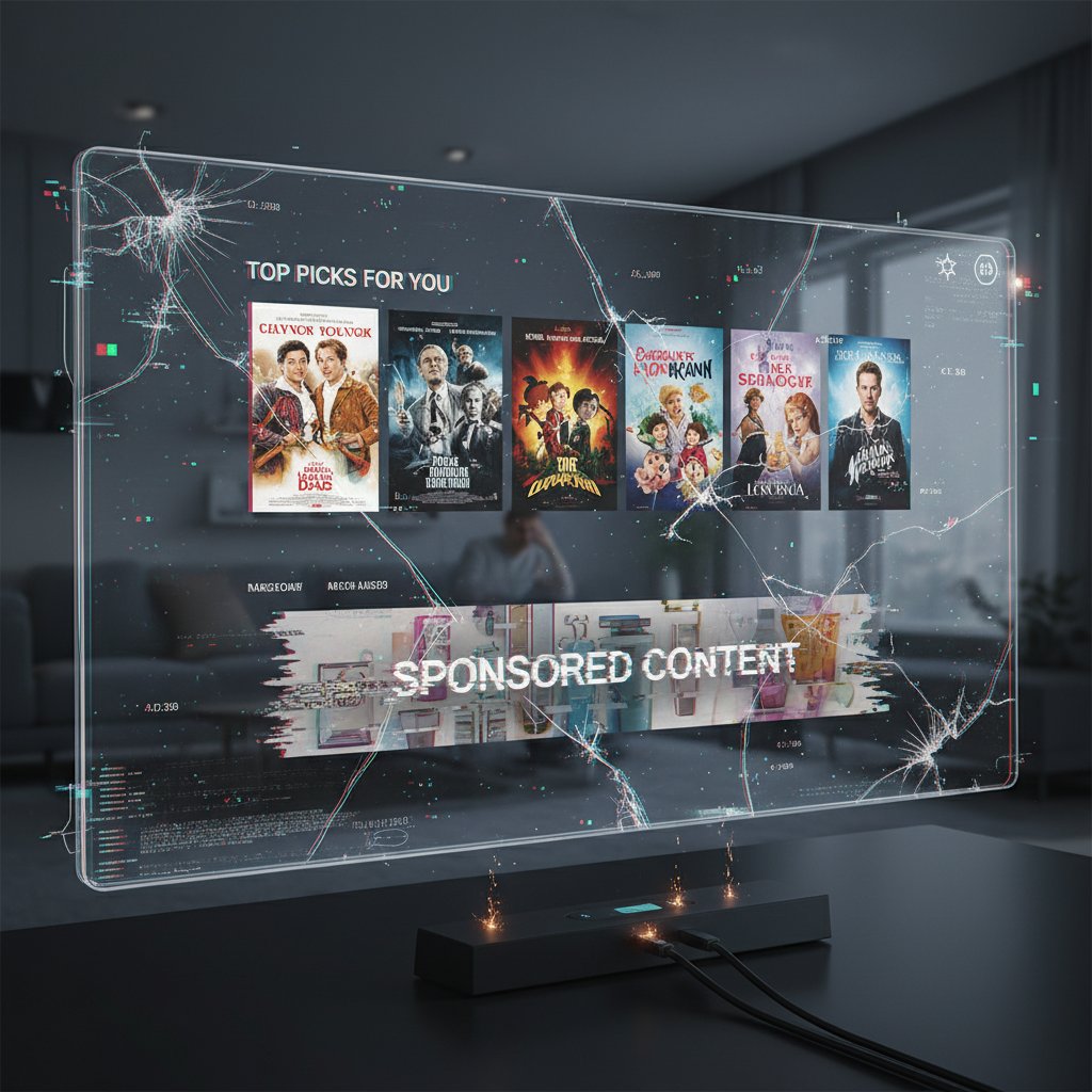 Algorithmic bias in movie recommendations, glitchy interface, movie posters morphing into ads, uneasy, 16:9