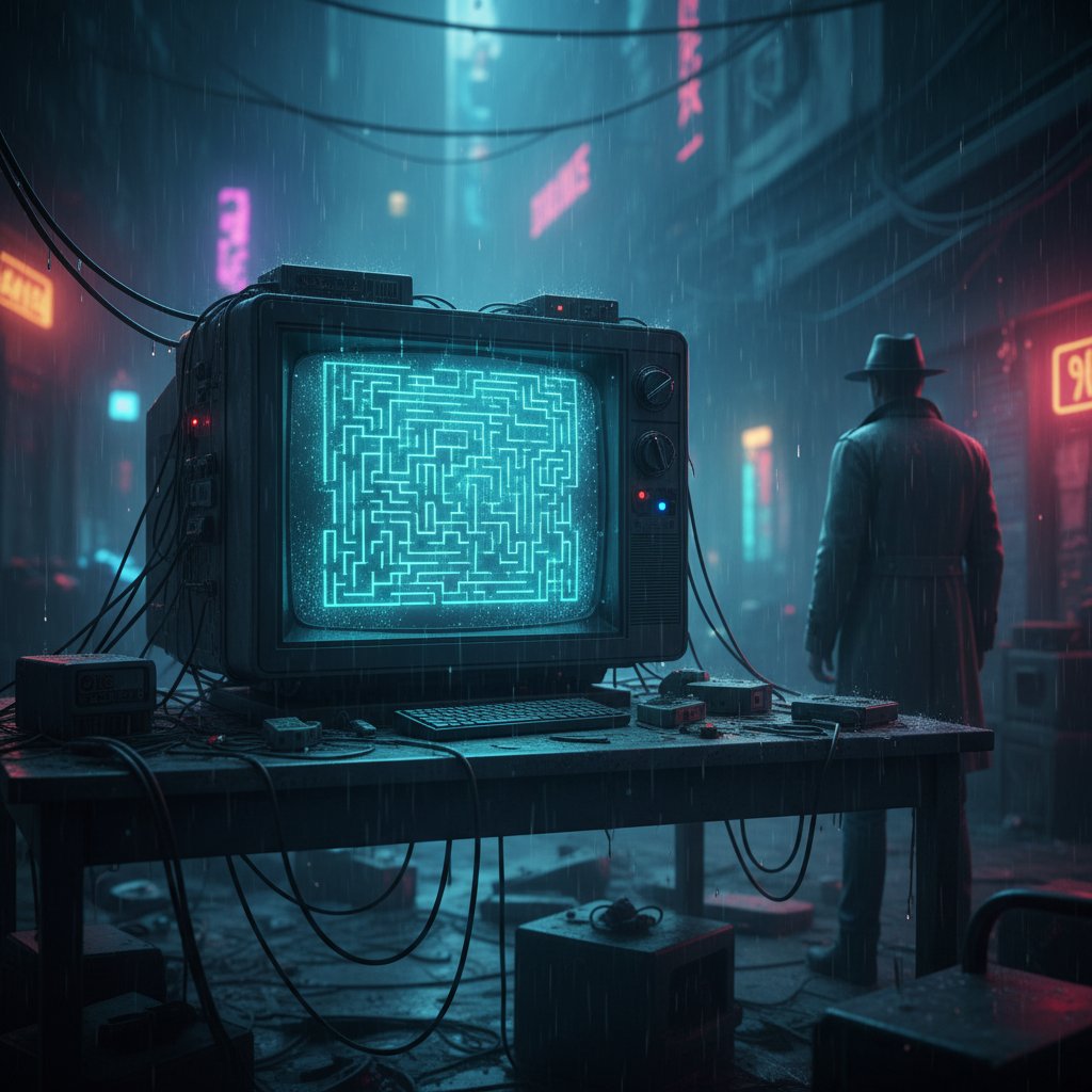Algorithmic maze overlaying a TV screen, tech-noir style, 16:9