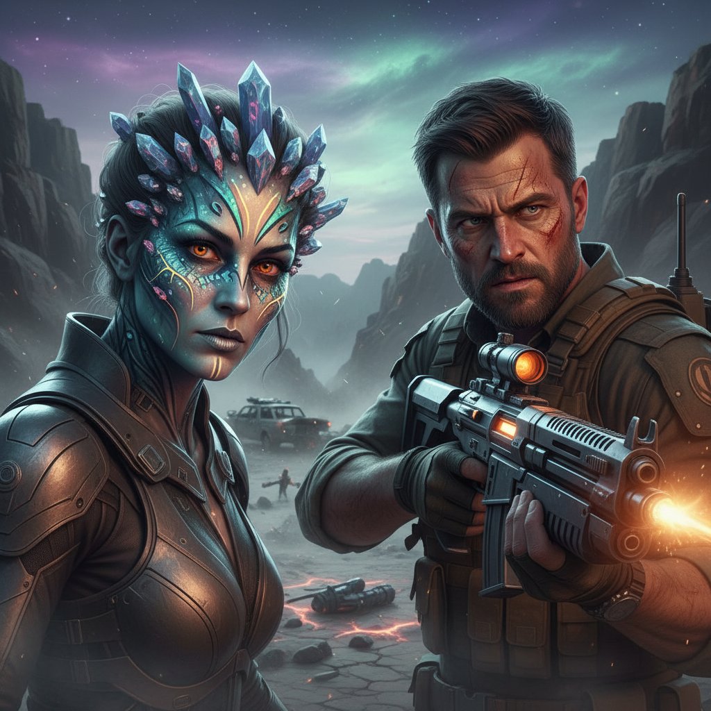 Photo of two actors, one in alien makeup, facing each other in a tense, dramatic standoff