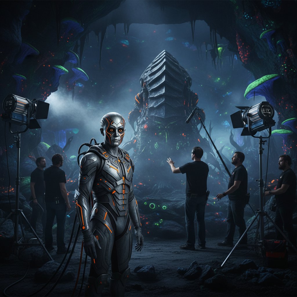 Photo of an actor in elaborate, non-traditional alien makeup on a film set