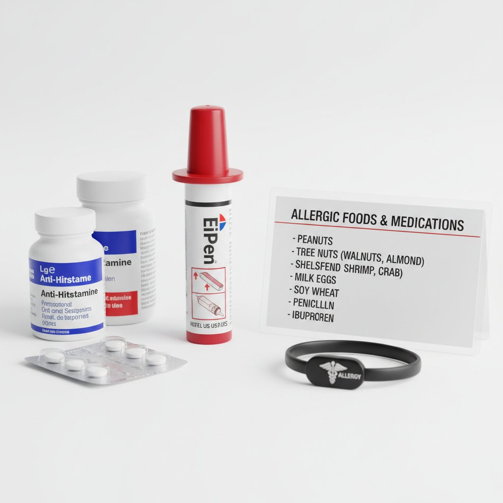 Zbliżenie na stół z produktami alergizującymi: orzechy, mleko, leki, owoce morza, strzykawka z adrenaliną