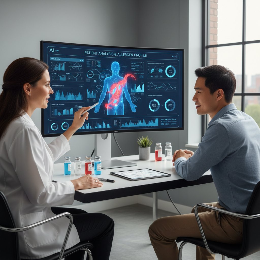Lekarz korzystający z nowoczesnej technologii AI, ekran komputera z wynikami testów alergicznych i wykresami