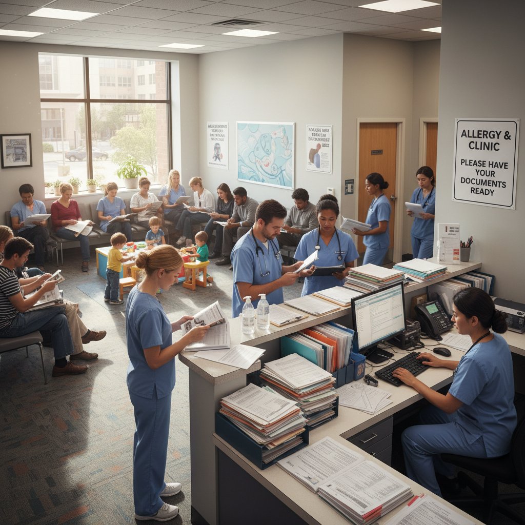 Lekarz alergolog podczas konsultacji, biuro pełne dokumentacji medycznej, pacjenci w poczekalni