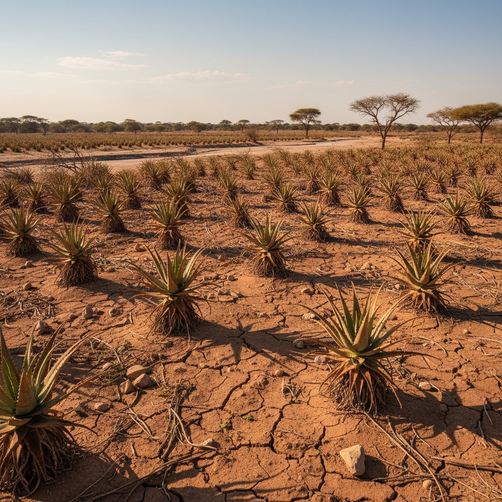 Plantacja aloesu na tle afrykańskiego krajobrazu, susza, ślady działalności człowieka