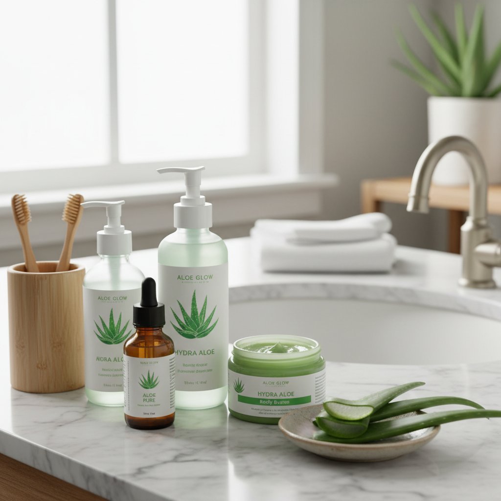 Stół łazienkowy z różnymi kosmetykami i suplementami na bazie aloesu, nowoczesne opakowania