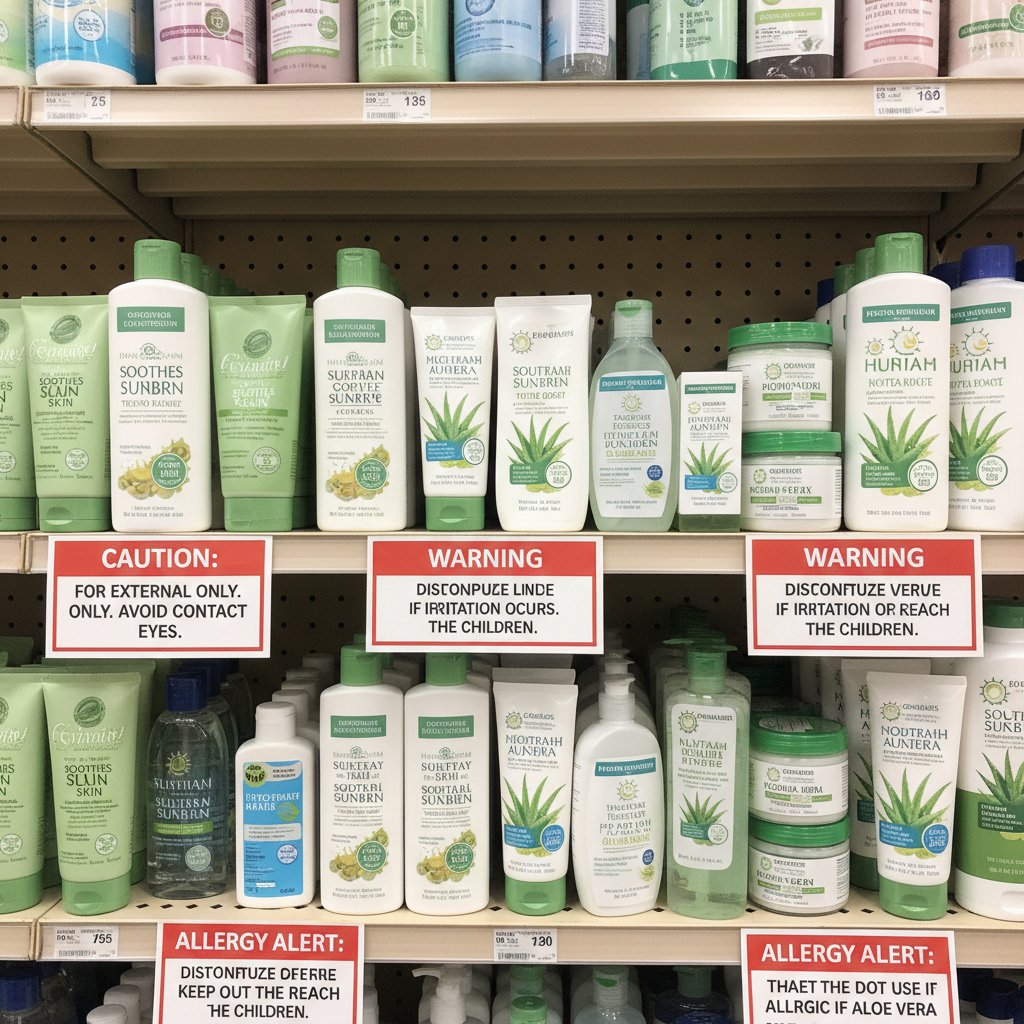 Zbliżenie na półkę z różnymi produktami z aloesem i ostrzeżeniami, etykiety marketingowe