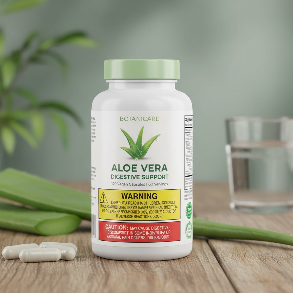 Opakowania suplementów z aloesem z wyraźnymi ostrzeżeniami, sklepowa półka