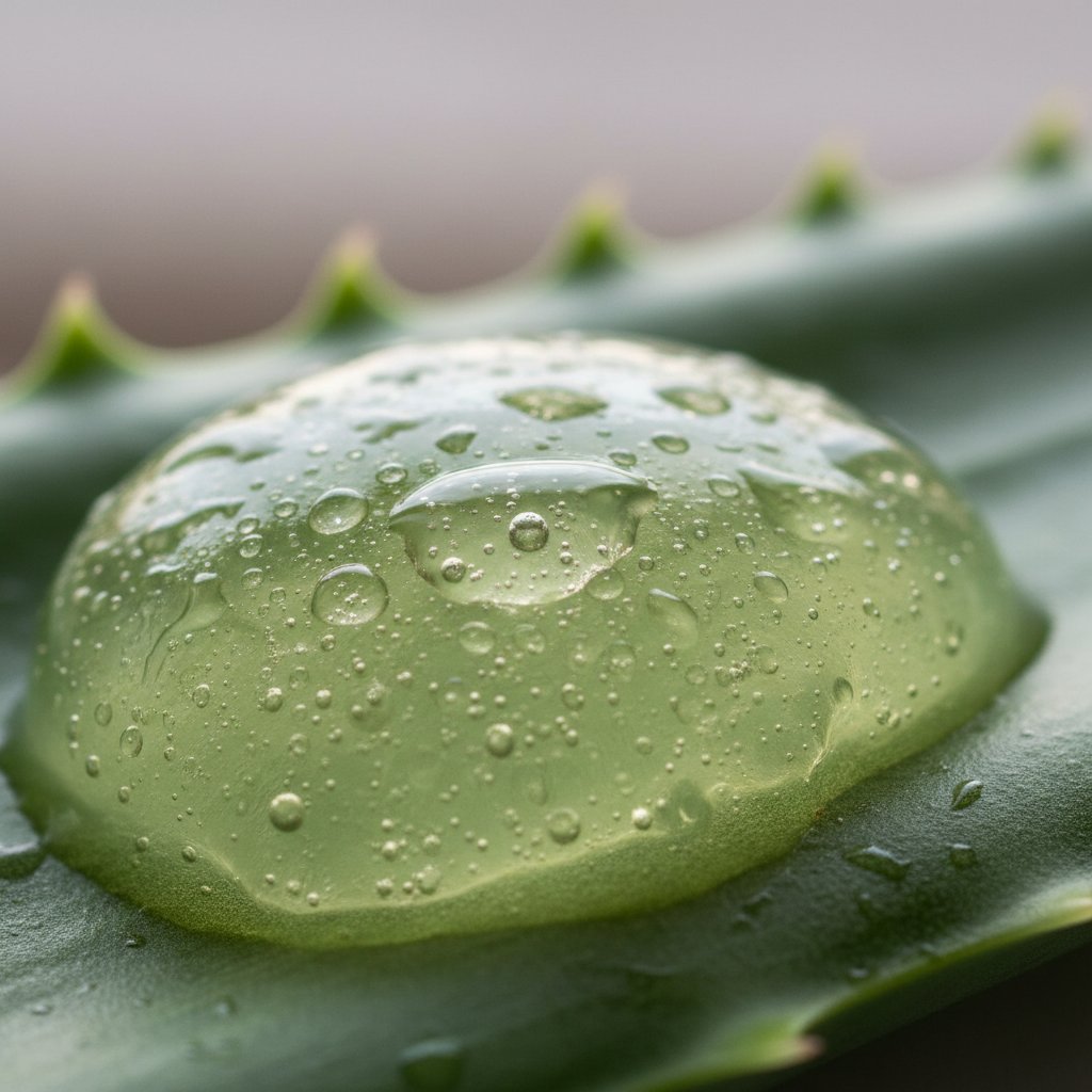 Zbliżenie na miąższ aloesu i jego strukturę, wyraźne krople soku