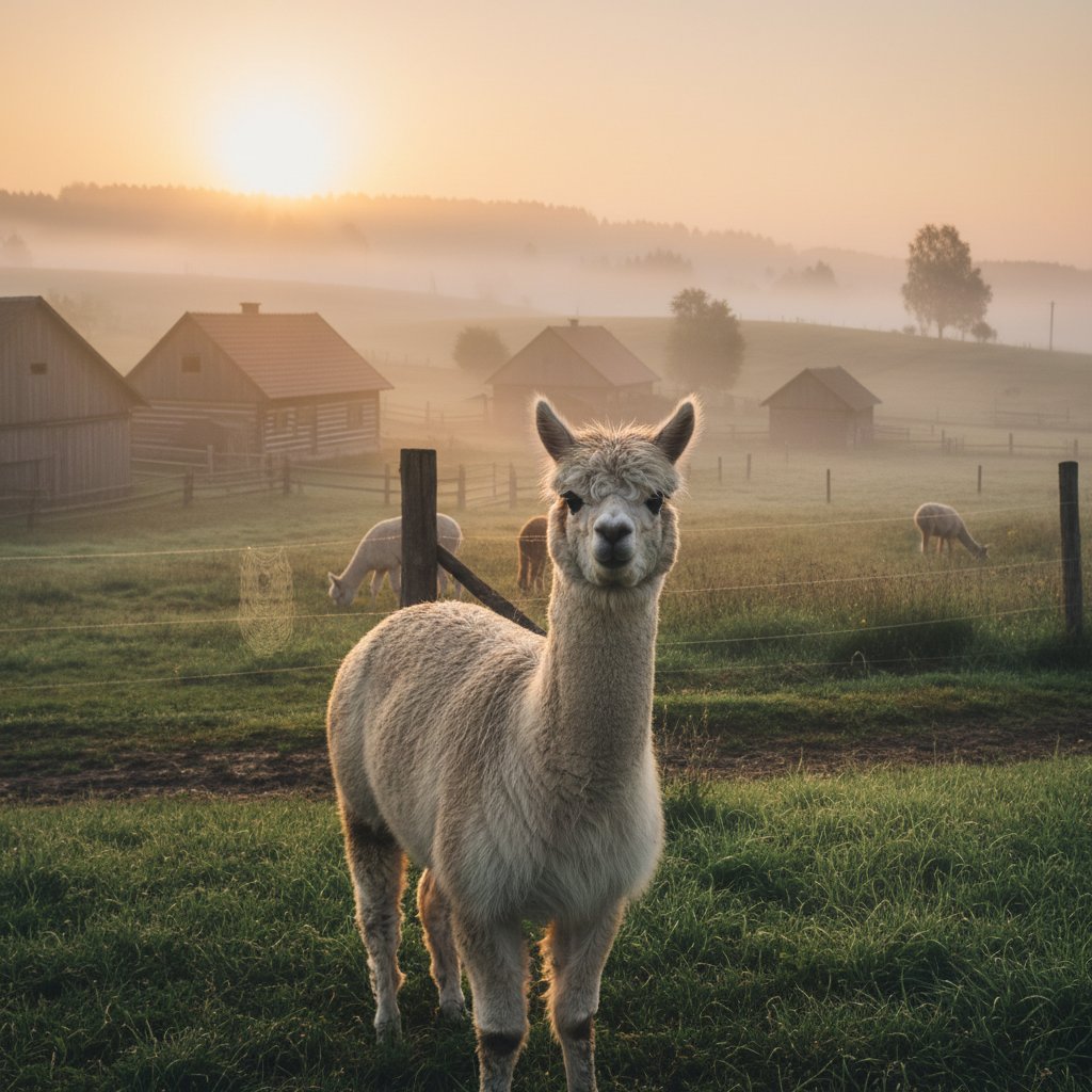 Alpaka na polskiej farmie podczas mglistych poranków, symbolizująca nowe początki i rozwój alpakoterapii w Polsce