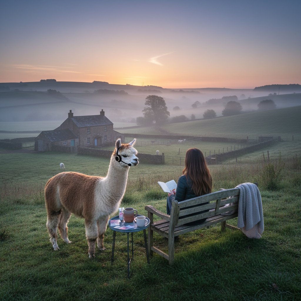 Terapeuta przygotowujący alpaki o świcie, nastrojowe światło i wiejski krajobraz