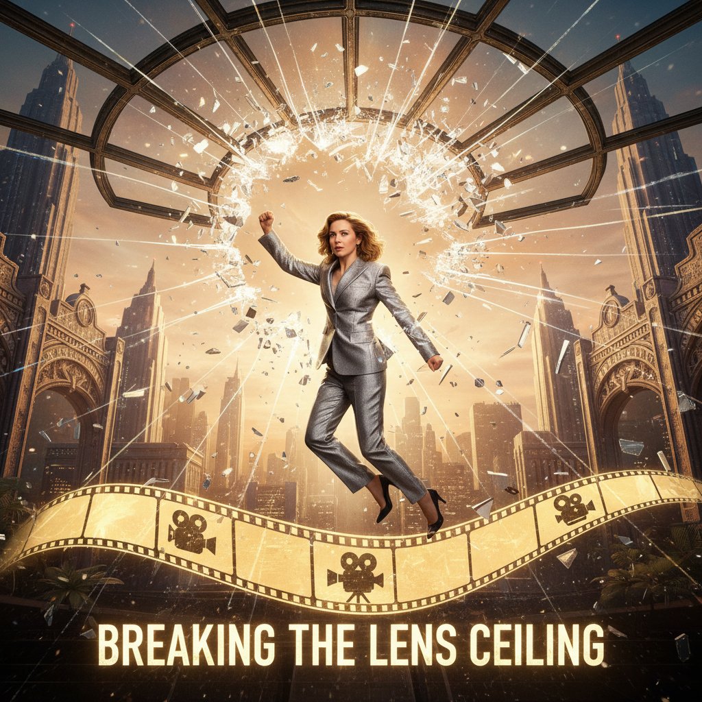 Symbolic photo of Amanda Seyfried breaking through glass ceiling, cinematic style, keywords: breaking stereotypes, film industry