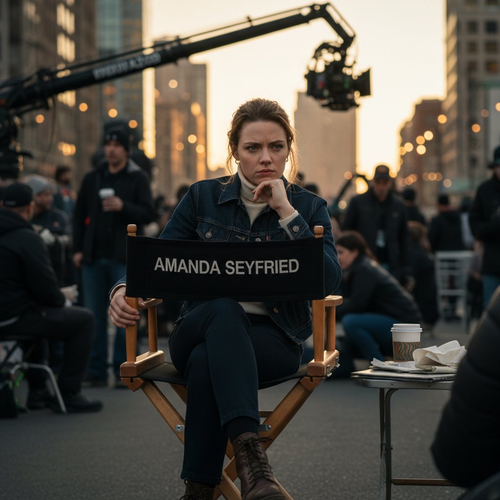 Cinematic photo of Amanda Seyfried in director’s chair, contemplative and assertive, on film set