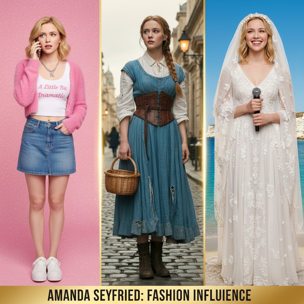 Stylized photo of Amanda Seyfried in iconic movie costumes, juxtaposed with real-world fashion