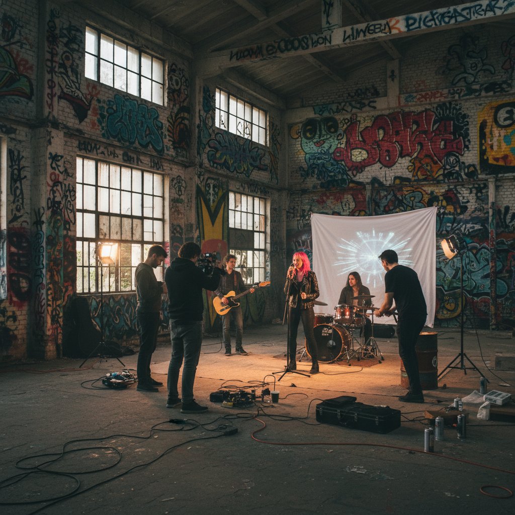 Amateur filmmakers collaborating with musicians in graffiti-covered warehouse, raw creative energy