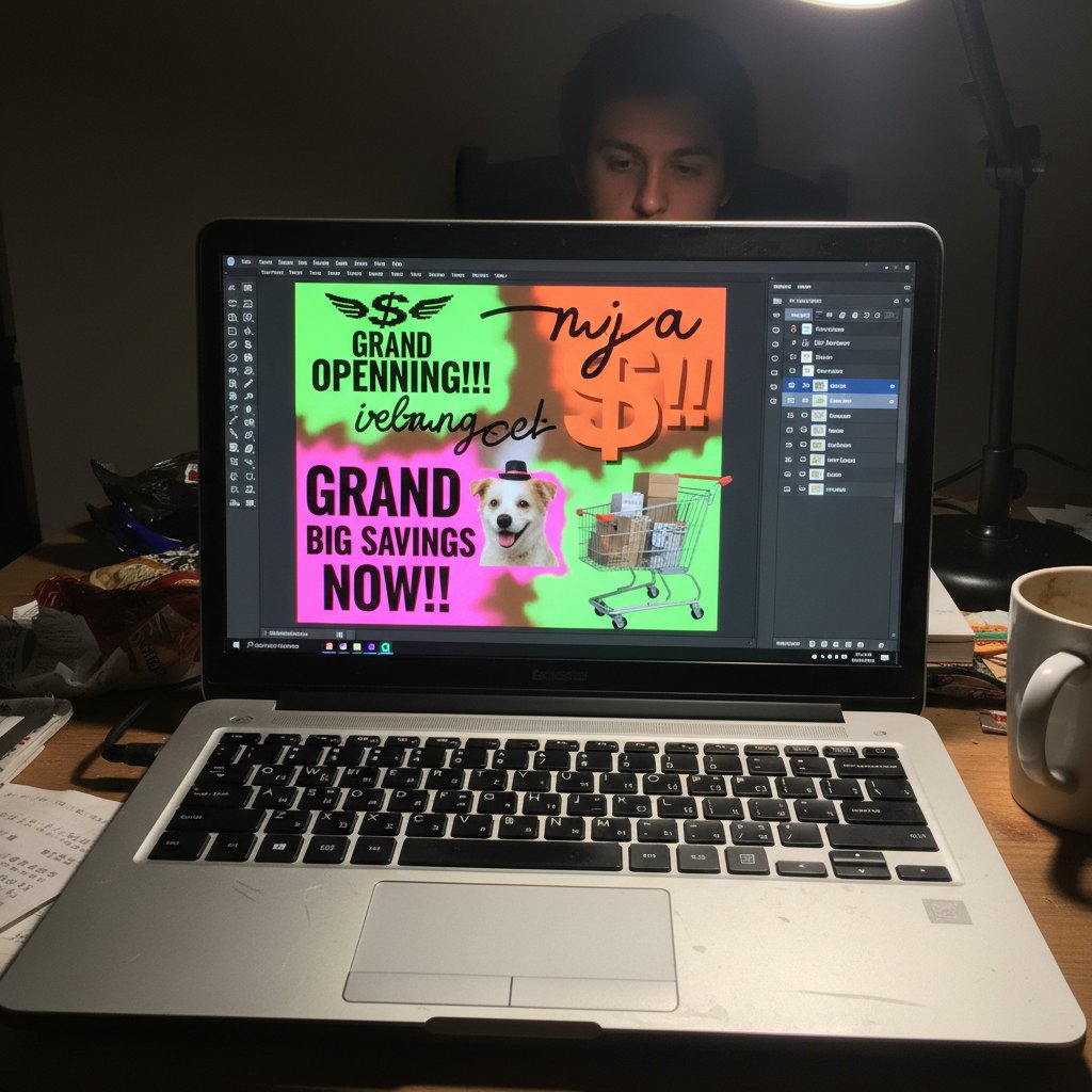 Zbliżenie na ekran laptopa z widocznym nieczytelnym projektem graficznym, obraz symbolizujący typowe błędy amatorów; słowa kluczowe: błędy graficzne, amatorski projekt, nieczytelność