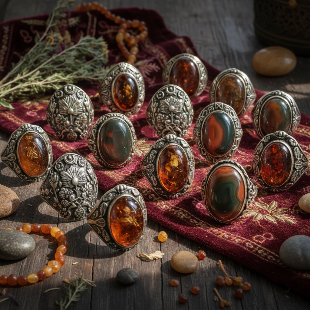 Stare pierścienie z bursztynem i agatem na lnianej tkaninie, ukazujące polski folklor i tradycję kamieni szlachetnych