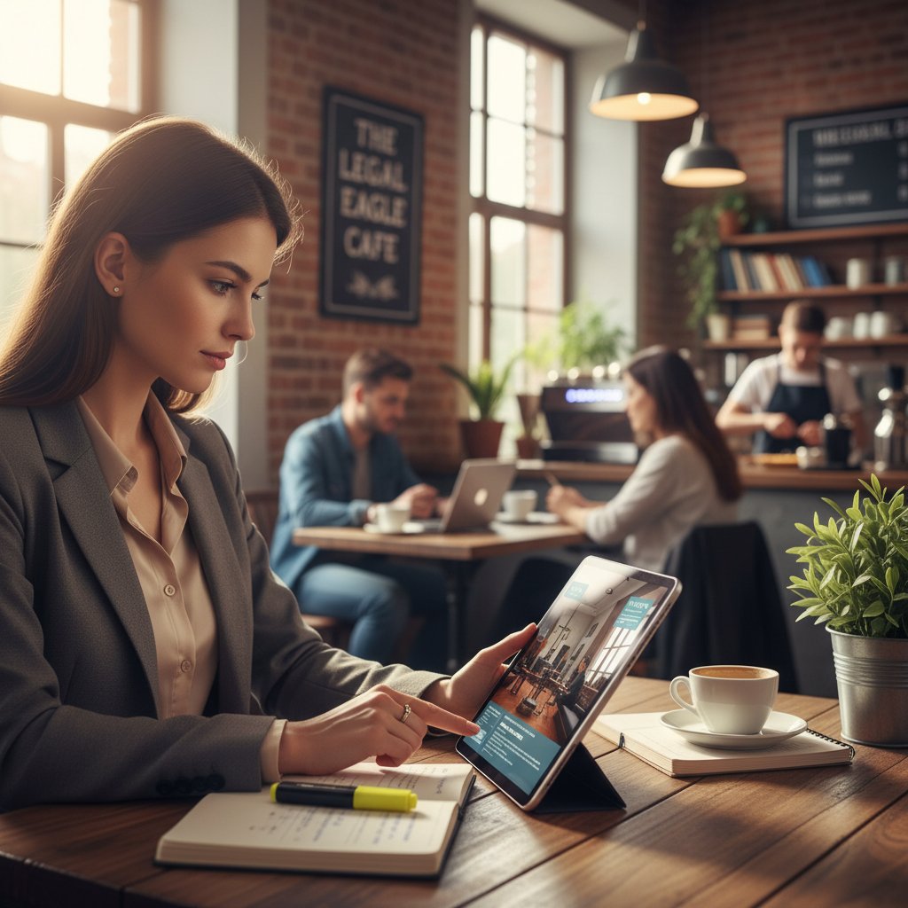 Ambitny prawnik korzystający z platformy e-learningowej na tablecie w kawiarni