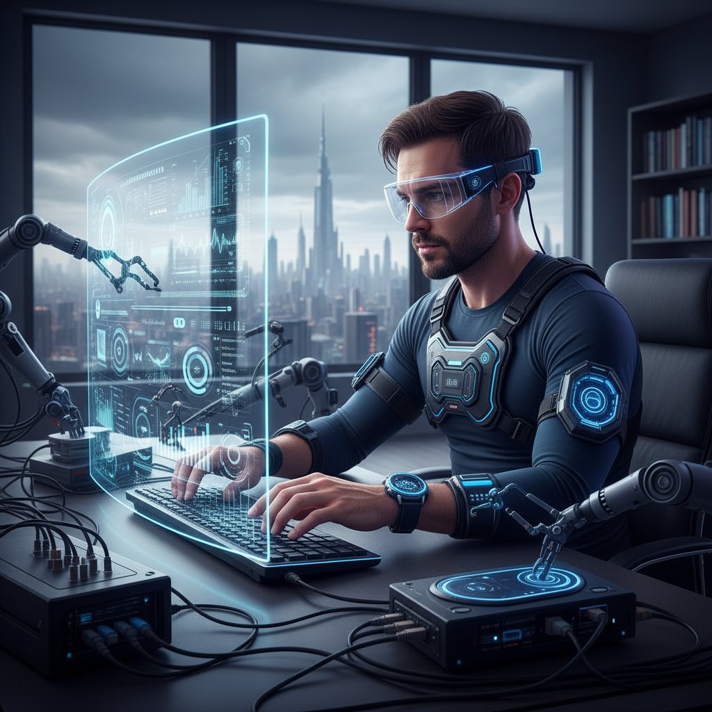 Ambitny użytkownik analizujący dane z kilku urządzeń wearable podczas treningu