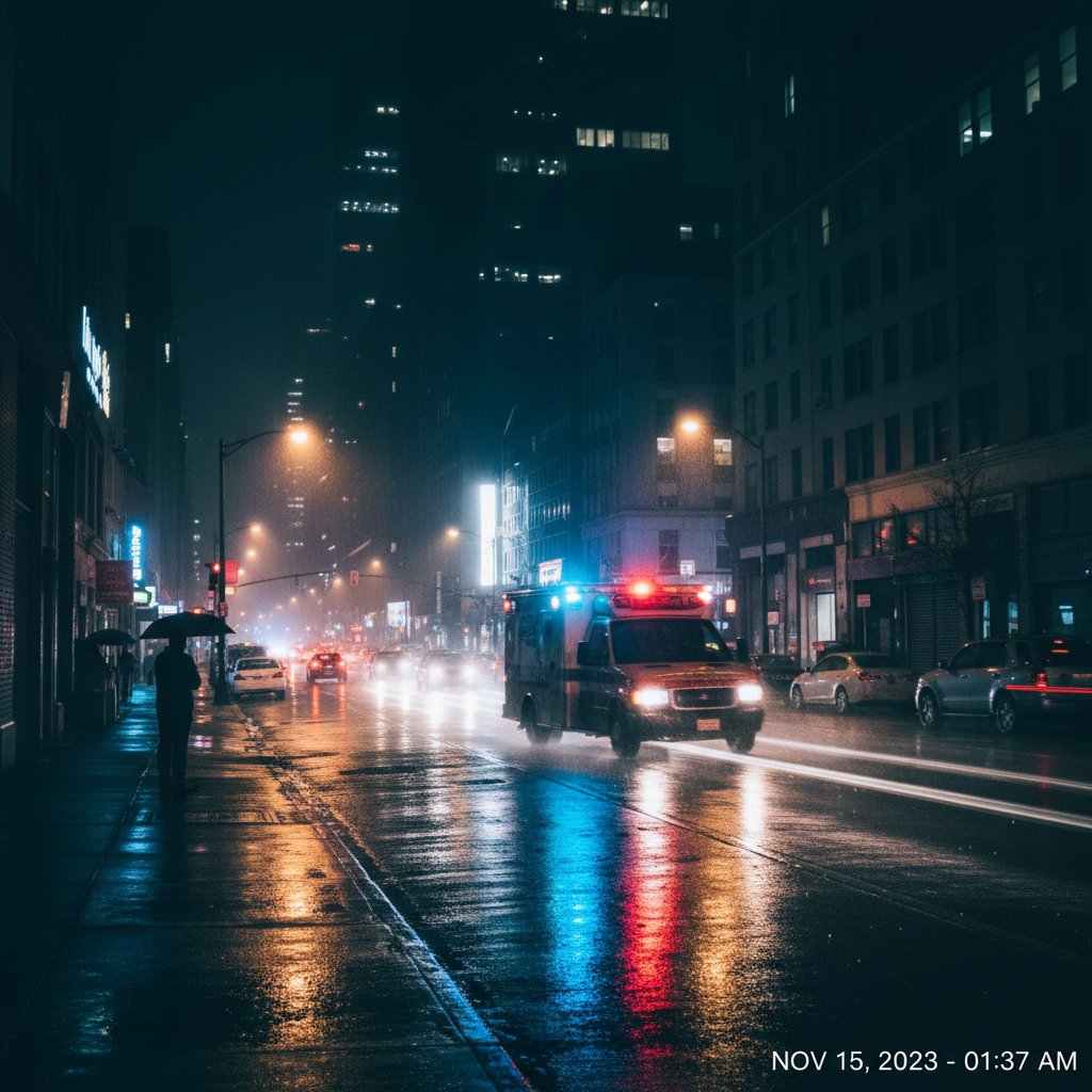 Karetka pogotowia pod szpitalem w nocy – dramatyczna atmosfera