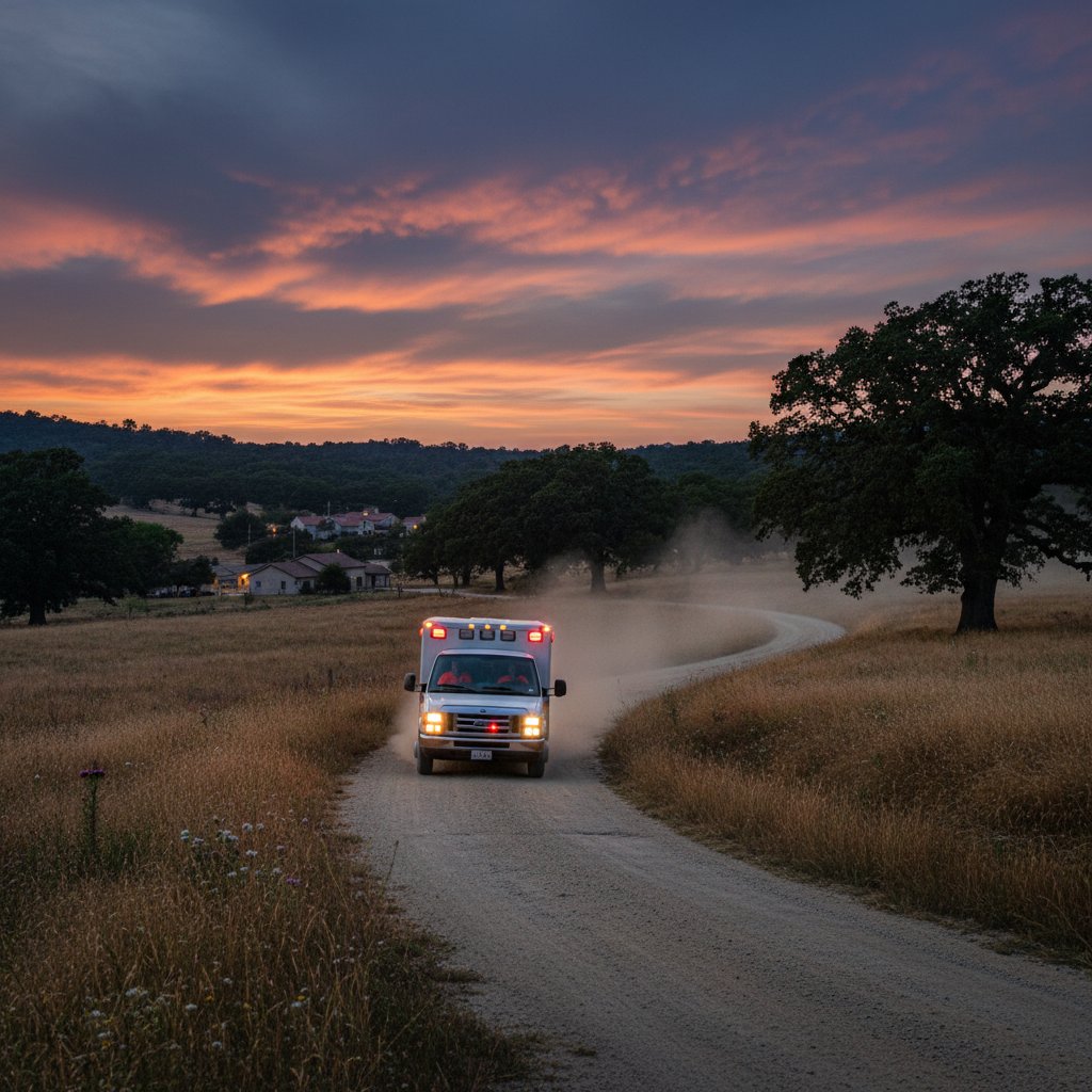 Zdjęcie karetki na wiejskiej drodze, widoczny kontrast z zatłoczoną miejską ulicą