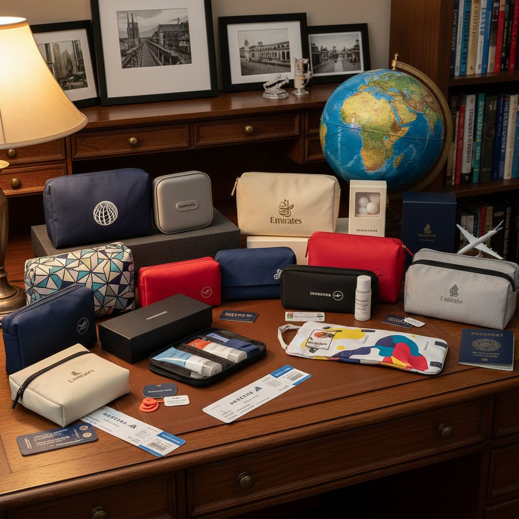 Kolekcja amenity kitów z różnych linii lotniczych na biurku, klimat kolekcjonerski, pasja i różnorodność