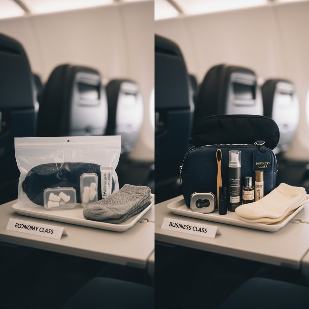 Zawartość różnych amenity kitów, klasy ekonomicznej i biznesowej, rozłożone na stole