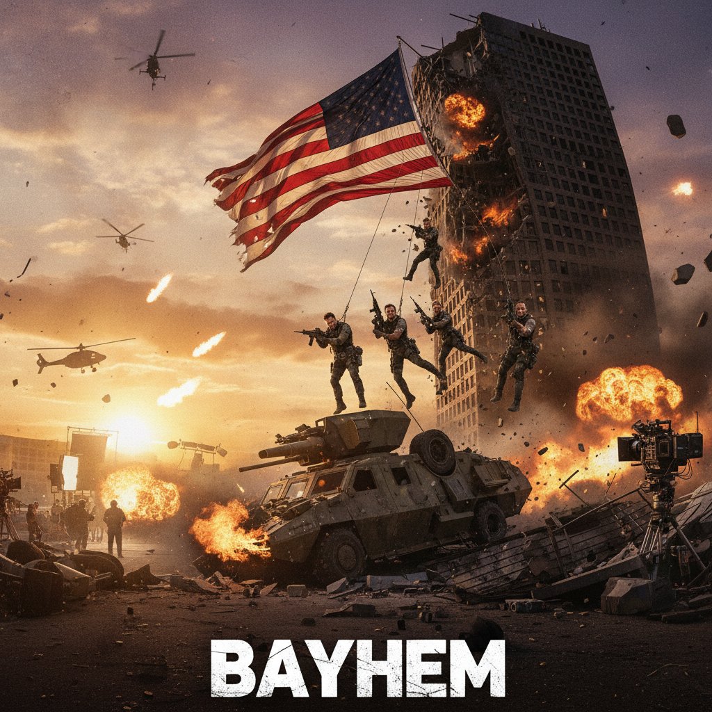 American flag waves behind action heroes on a michael bay movie set, golden hour lighting, gritty determination