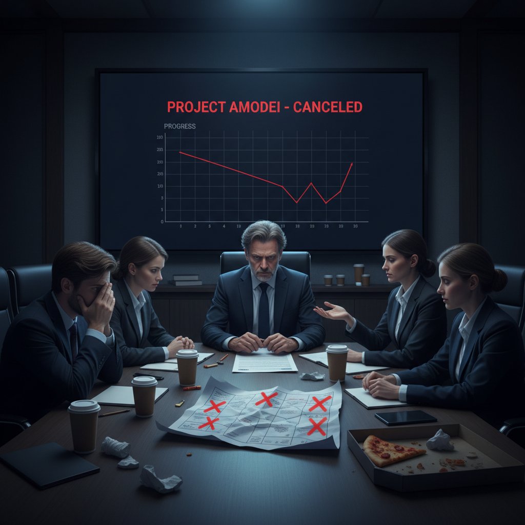 Daniela Amodei analizująca wyniki porażki projektu z zespołem w sali konferencyjnej