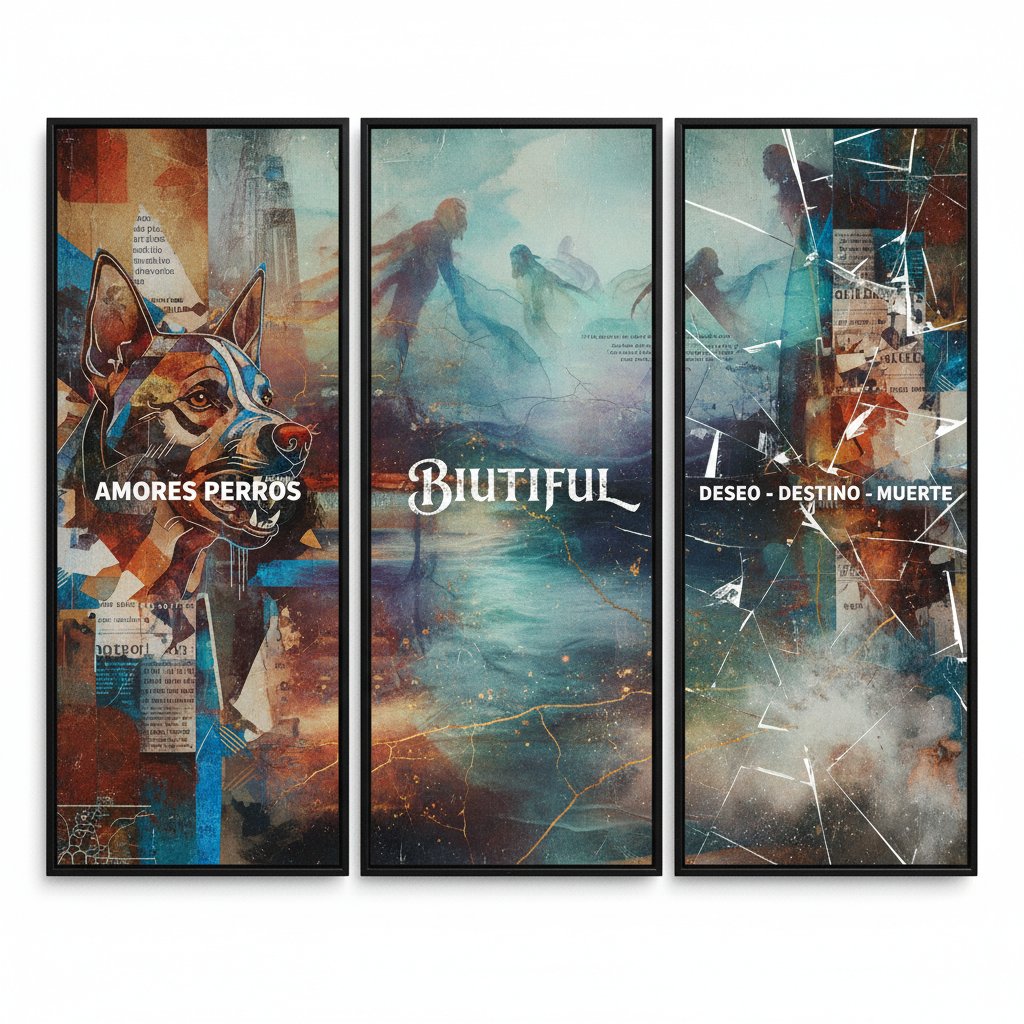 Composite image of Amores Perros and Biutiful, gritty urban scene with anguished character